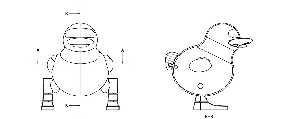 Technical drawing — front and side view of Ducky with section lines